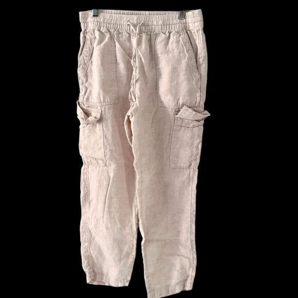 Lands End Womens Beige Oatmeal 100% Linen High Rise Cargo Pants Size 8